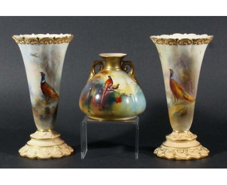 PAIR OF ROYAL WORCESTER TRUMPET VASES, signed Jas Stinton, date code for 1907 and 1908, shape G706, painted with pheasants be