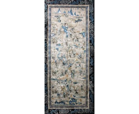 CHINESE SILK PANEL, 19th century, worked with the 100 Children playing scene, in a floral border, 58cm x 26cm; together with 