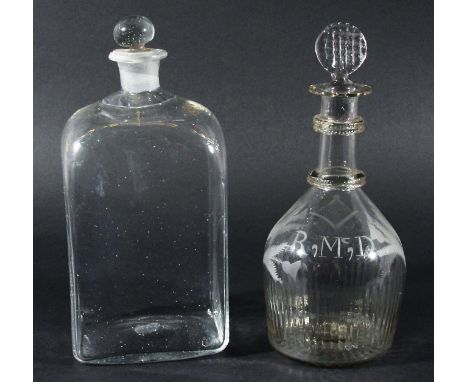 SCOTTISH INTEREST: GLASS DECANTER AND STOPPER, late 18th or early 19th century, of mallet form engraved with thistles, masoni