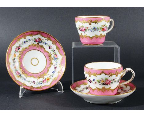 SEVRES STYLE PART TEA SERVICE, late 19th century, painted with a band of flowers between gilt and rose pompadour rim and foot