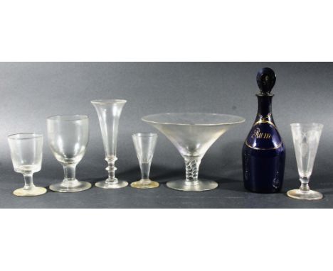 BRISTOL BLUE GLASS DECANTER AND STOPPER, of mallet form for Rum; and a collection of 18th and 19th century drinking glasses a