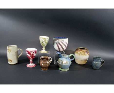 STUDIO POTTERY including two goblets by Alan Caiger Smith (one damaged), a vase by David Jones with metallic effect glaze, a 