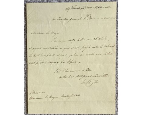 Letter dated 1815 from Duke of Wellington at Army HQ Paris. All autographed items come with a Certificate of Authenticity. We