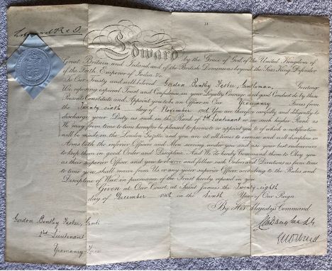1906 Edward VII signed Army Commission. Nice approx 16 by 12 inch Commission from Edward VII to Gordon Foster, 1906, Lincolns