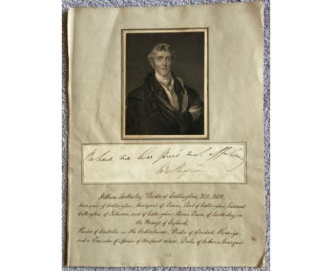 Duke of Wellington. c 1850. Autograph clip attached to reproduction of portrait by Lawrence. Document has the Duke's numerous