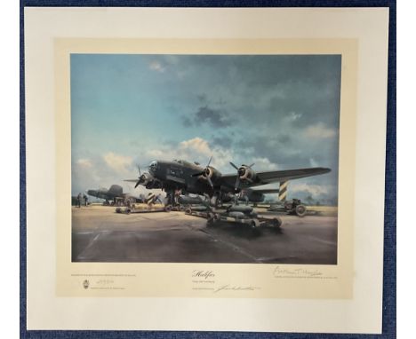 WWII Marshal of the Air Force Arthur T Harris and Frank Wootton Signed Halifax Colour Print. 259/850. Signed in Pencil by the