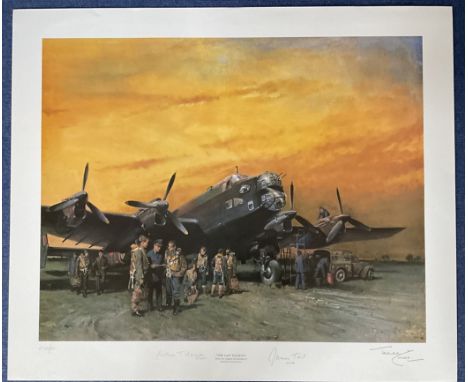 WWII Multi Signed The Last Halifax Colour Print by Terence Cuneo. 553/ 850. Signatures include Arthur T Harris, James Tait an
