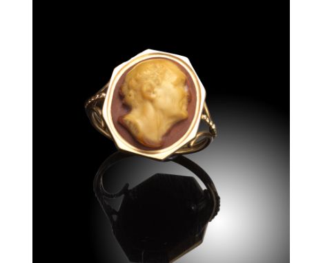 An early 19th century agate cameo by Antonio Berini (1770 - 1861), depicting Gaius Maecenas, signed, in yellow gold ring moun