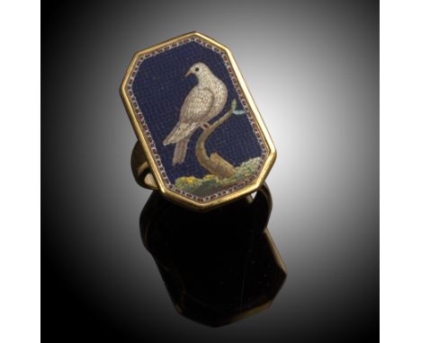 A late 18th century micromosaic ring by Giacomo Raffaelli, depicting a dove on a branch, the copper-back plate signed to the 