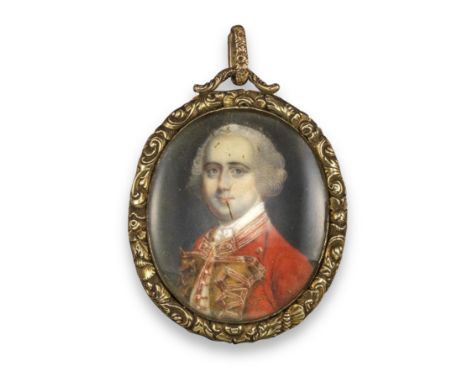 λ A George III miniature portrait of an officer, wearing scarlet uniform, 3.7cm high, gold frame within foliate scroll and sh