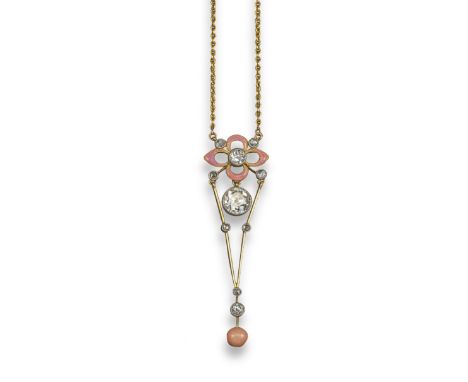 λ An Edwardian pink enamel and diamond pendant, the pink enamel quatrefoil set with a central diamond, suspending an old circ