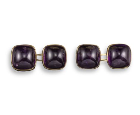 A pair of amethyst-set gold cufflinks, the sugarloaf-shaped amethysts are set in yellow gold, each link 1.3cm wide