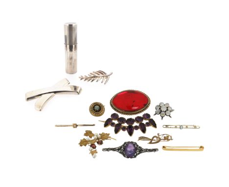 Ten brooches, including four gold bar brooches, a garnet and cultured pearl foliate brooch, a Victorian circular enamel and g