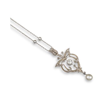 An early 20th century untested pearl and diamond pendant, centred with an old circular-cut diamond and millegrain-set within 