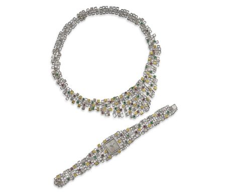 A gem-set bi-colour gold necklace by John Donald, of alternating textured and hollow square white and yellow gold links, set 