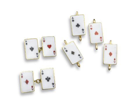 A set of playing card cufflinks, depicting the four aces in enamel, with four matching buttons in yellow gold
