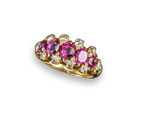 A 19th century ruby and diamond half-hoop ring, centred with five old cushion-shaped rubies between old cushion-shaped diamon