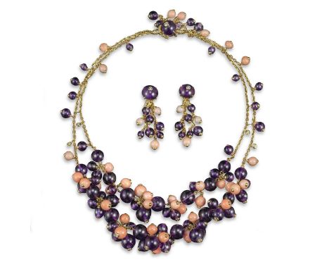 λ A diamond-set coral and amethyst bead necklace, the two-row gold necklace set overall with graduated coral and amethyst bea