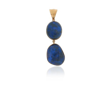 An opal pendant, the two solid opals are rubover-set in yellow gold, 7.5cm high