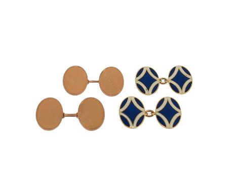 A pair of blue and white enamel oval cufflinks, set in 18ct yellow gold, with a pair of 9ct gold oval cufflinks with engine-t