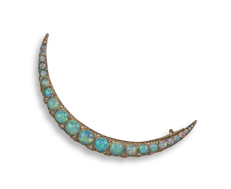 A Victorian open crescent brooch, set with graduated opal cabochons and diamonds in yellow gold, 6.5cm wide