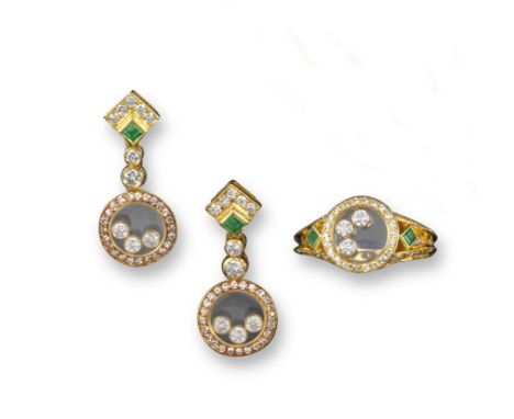 A pair of 'Happy Diamonds' earrings by Chopard, the earrings set with round brilliant-cut diamonds and square-shaped emeralds