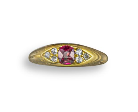 A Victorian ruby and diamond ring, centred with an oval-shaped ruby between trefoils of old circular-cut diamonds in yellow g