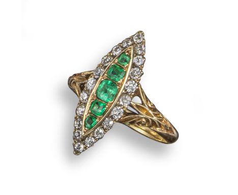 A Victorian emerald and diamond cluster ring, the navette-shaped ring set with square-shaped emeralds within a surround of ol