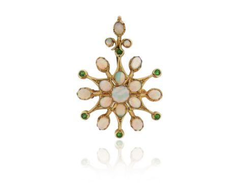 A Victorian opal and demantoid garnet pendant, set with graduated opal cabochons and demantoid garnets in yellow gold, with b