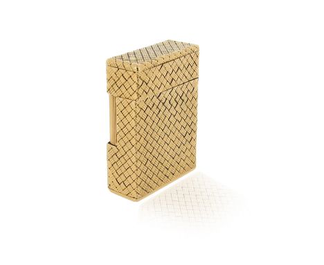 An 18ct gold lighter by Dupont for Cartier, of rectangular form, decorated with a woven fabric pattern in yellow gold, signed