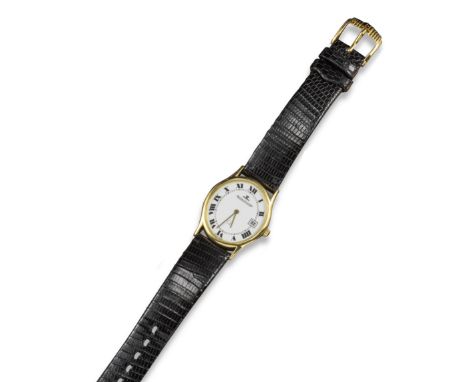 A gold wristwatch by Jaeger-LeCoultre, the signed white dial with Roman numerals and date aperture, quartz movement, in gold 
