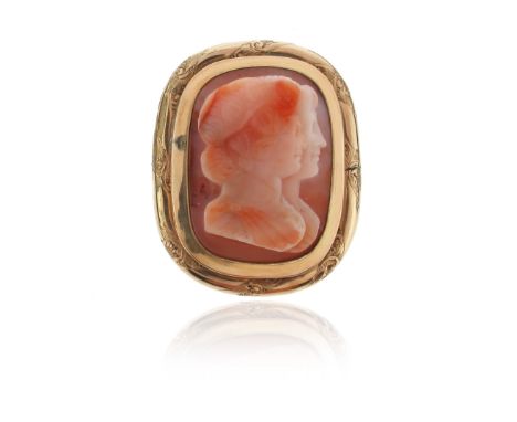 A late 18th - early 19th hardstone cameo brooch, depicting a double portrait of a baccanti and a man in profile, in a Victori
