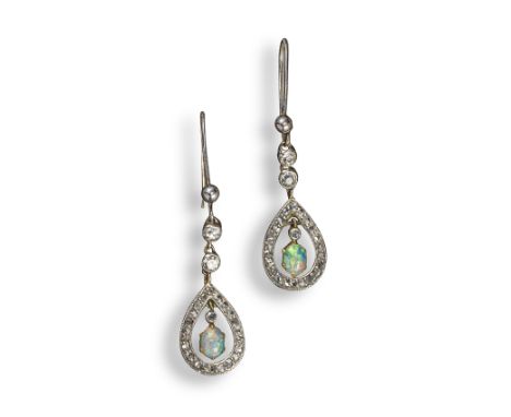 A pair of Edwardian opal and diamond drop earrings, each pear-shaped lower section set with rose-cut diamonds and an opal, su