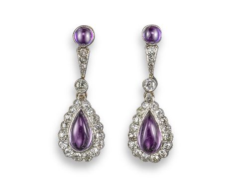 A pair of French amethyst and diamond drop earrings, set with amethyst cabochons and old circular-cut diamonds and suspending