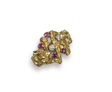 An abstract ruby and diamond ring by Ben Rosenfeld Ltd, set with circular rubies and diamonds in textured 18ct yellow gold, s