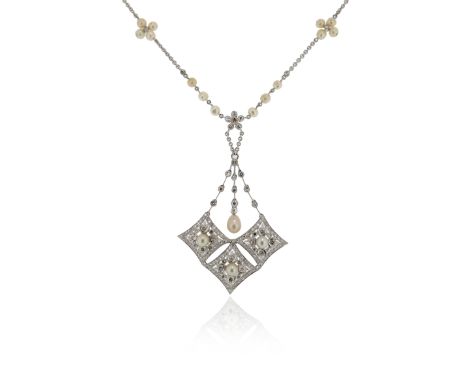 A cultured pearl and diamond pendant, the chain set with cultured pearl and diamond quatrefoils and further small diamonds, s