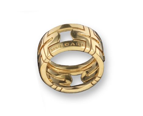 A yellow gold 'Parentesi' ring by Bulgari, the openwork geometric ring with engraved decoration and signed Bulgari, with Ital