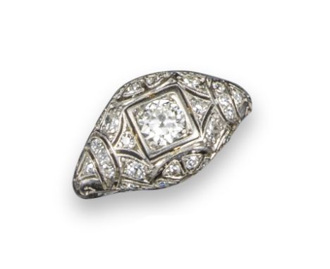 An Art Deco diamond ring, of openwork bombé design, set with an old circular-cut diamond, with further graduated circular-cut