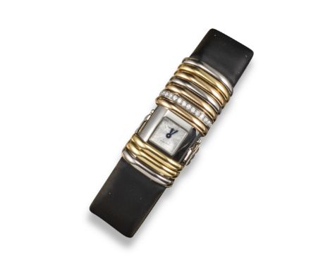 A titanium and 18ct gold Declaration wristwatch by Cartier, silver sunburst effect dial with curved rectangular case, set wit