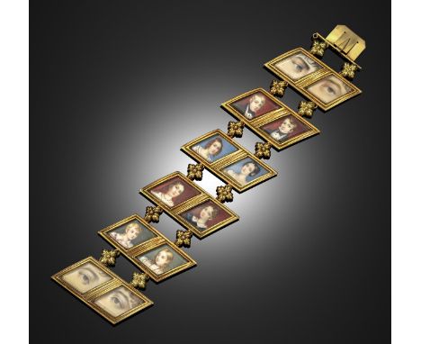 A Victorian gold bracelet, mounted with six rhomboid-shaped glazed panels, the two terminals each with two eye miniatures and
