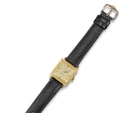 A square gold wristwatch by Omega, the signed gold dial with baton numerals, manual movement, gold case, on leather band, cas