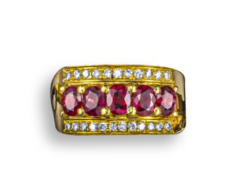 A ruby and diamond half-hoop gold ring, set with five oval-shaped rubies within circular-cut diamond borders, size P 1/2