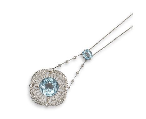A Belle Epoque aquamarine and diamond necklace, set with a circular-cut aquamarine within pierced surround set with diamonds 