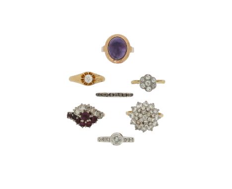 Seven gem-set rings, including a diamond cluster ring, set in yellow gold, size P, a diamond half hoop ring set in silver and