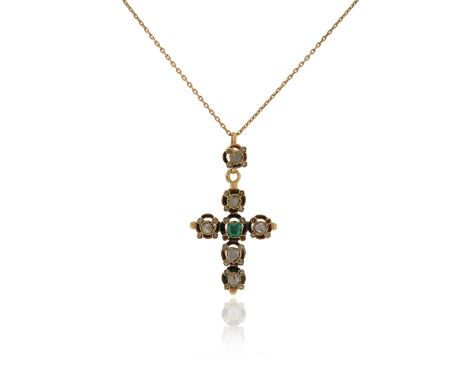 A 19th century emerald and diamond cruciform pendant, set in yellow gold with French marks, on fine-link yellow gold chain, c