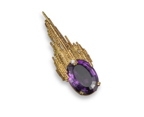 An amethyst and diamond-set pendant by Andrew Grima, the oval-shaped amethyst surmounted by an openwork textured yellow gold 