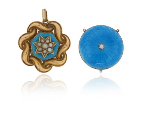A Victorian turquoise and seed pearl-set gold pendant, 3.7cm high, with an Edwardian blue guilloche enamel and seed pearl pen