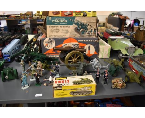 A collection of Military diecast and lead Tanks, Field Guns, figures and Motobike with Sidecar including Corgi Saladin Armour