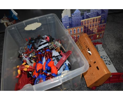 A box of modern Spiderman figures and accessories including Mattel, Marvel etc