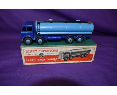 A Dinky Supertoys diecast, Foden 14-Ton Tanker in two tone blue with black tyres and light blue hubs, in original green box w